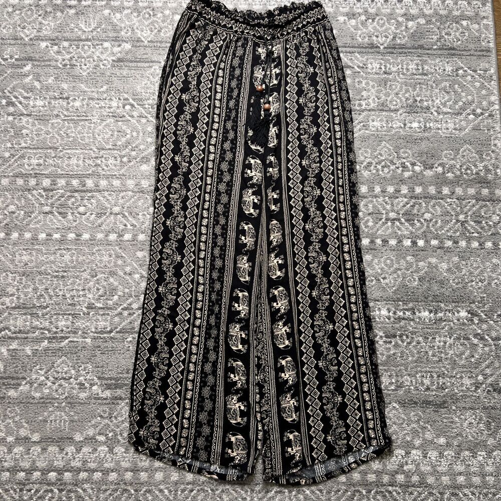 Soft Surroundings Elephant Print Palazzo Pant Black Tan Large Elastic Tassel NWT